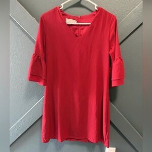 Chic Wine Colored Women's Dress with Ruffled 3/4’s Sleeves